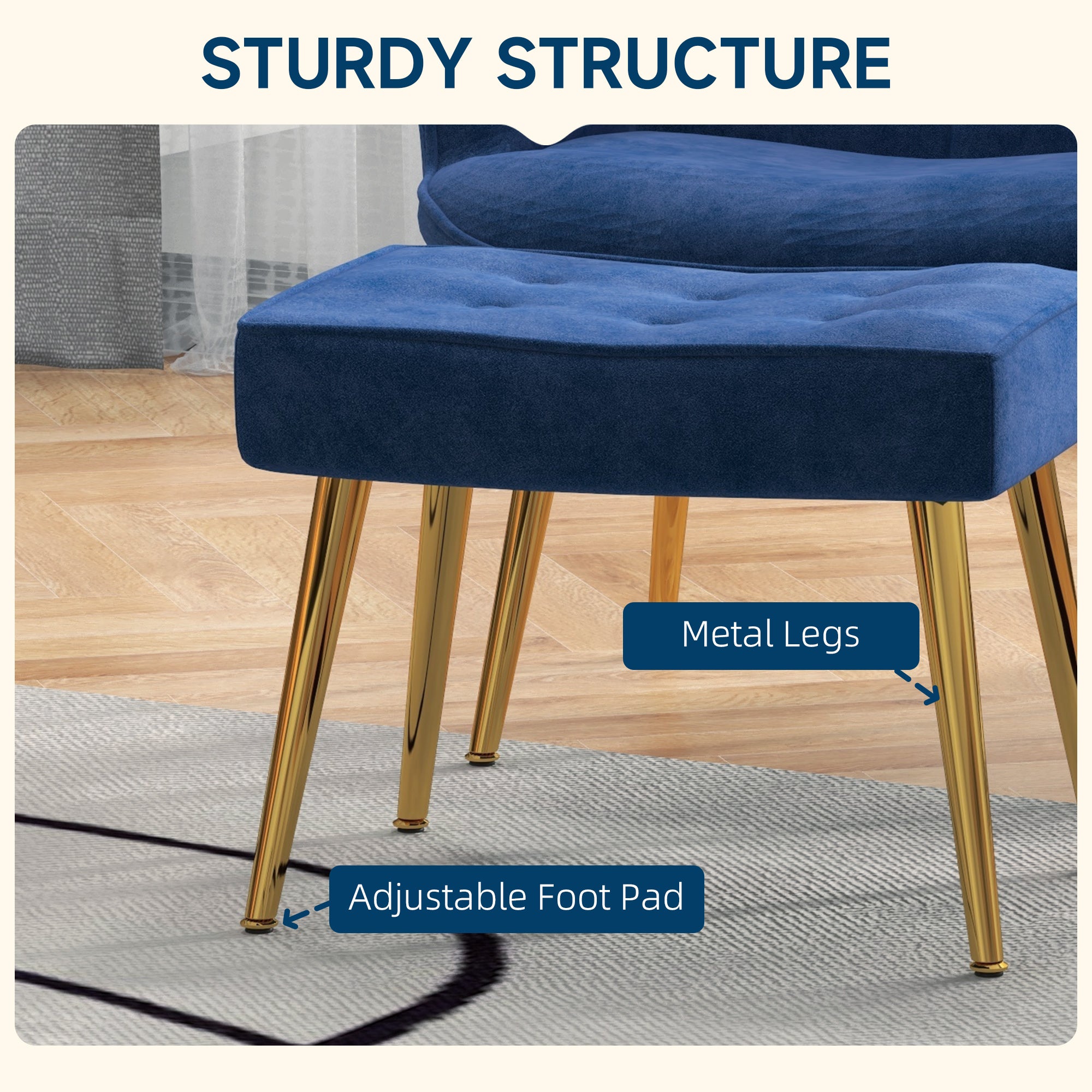 Modern Armchair with Footstool, Upholstered Accent Chair with Ottoman, Steel Legs, Velvet Wingback Chair for Living Room, Bedroom, Home Study, Dark Blue