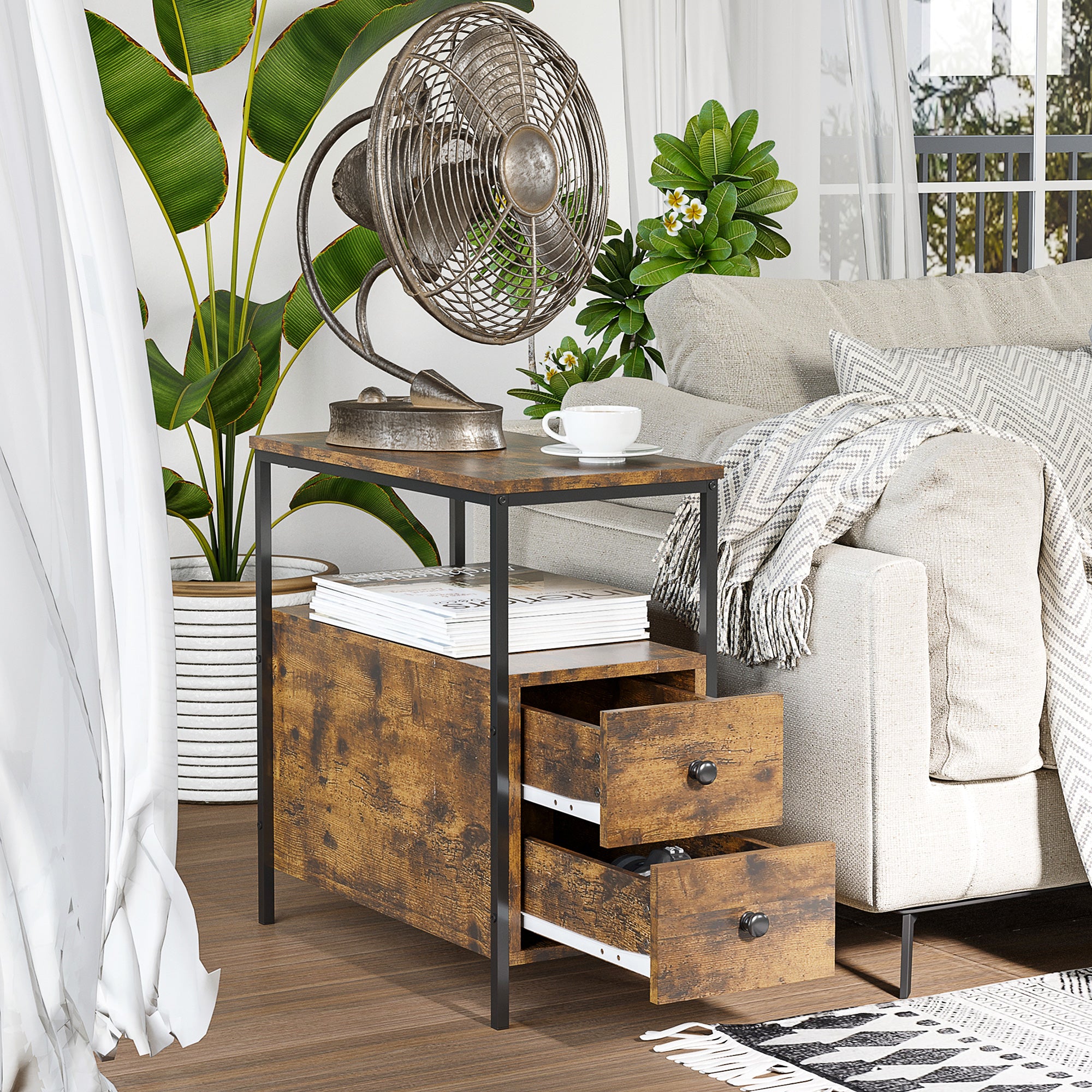 Set of 2 Side Table, Narrow Bedside Table with 2 Drawers and Storage Shelf, Industrial End Table with Metal Frame for Small Spaces, Rustic Brown