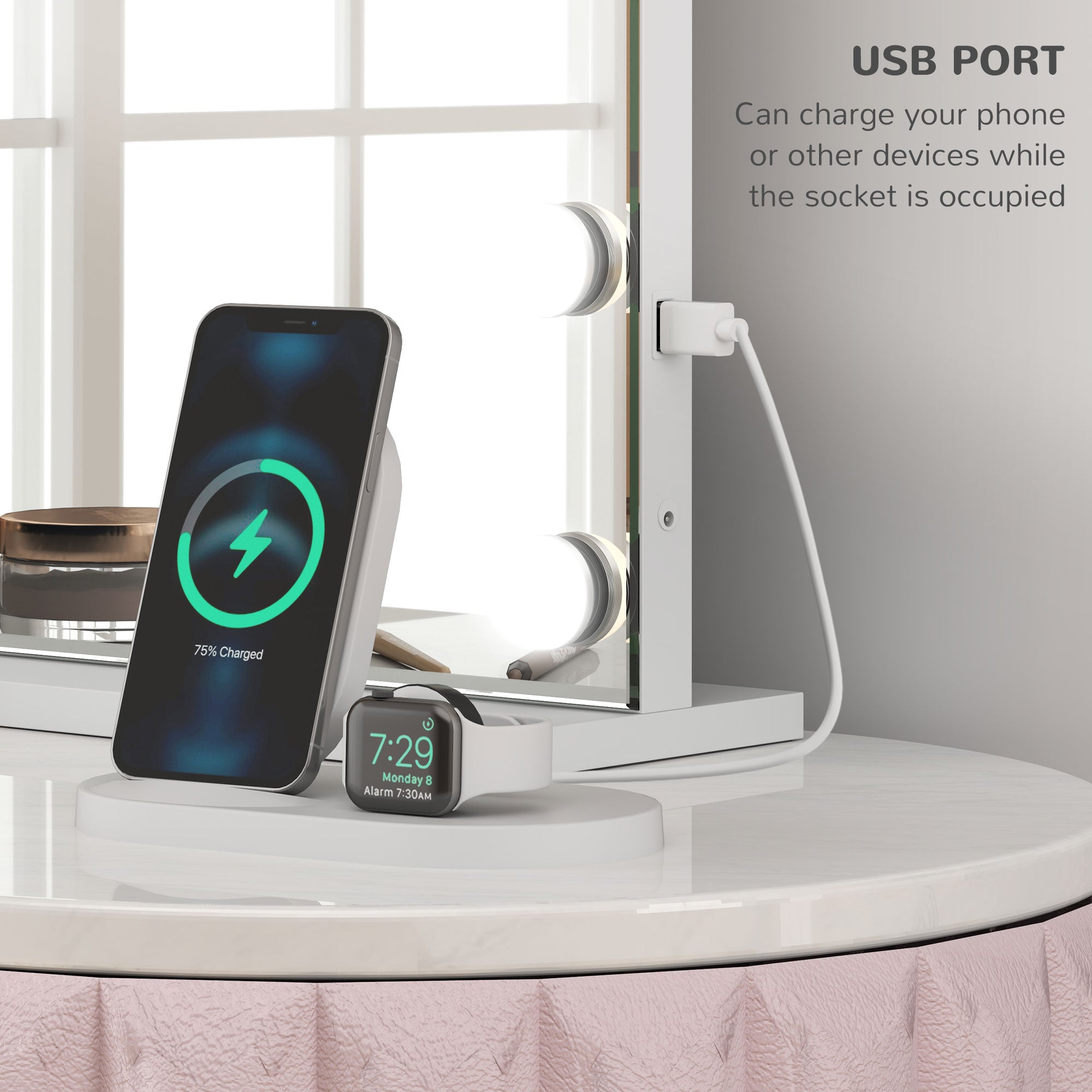 Hollywood Vanity Mirror with Lights, Large 80x62 cm Lighted Makeup Mirror with 3 Colour, 18 LED Bulbs, 10X Magnifying, USB Charging Port, Touch Screen, Tabletop or Wall Mounted Design, White