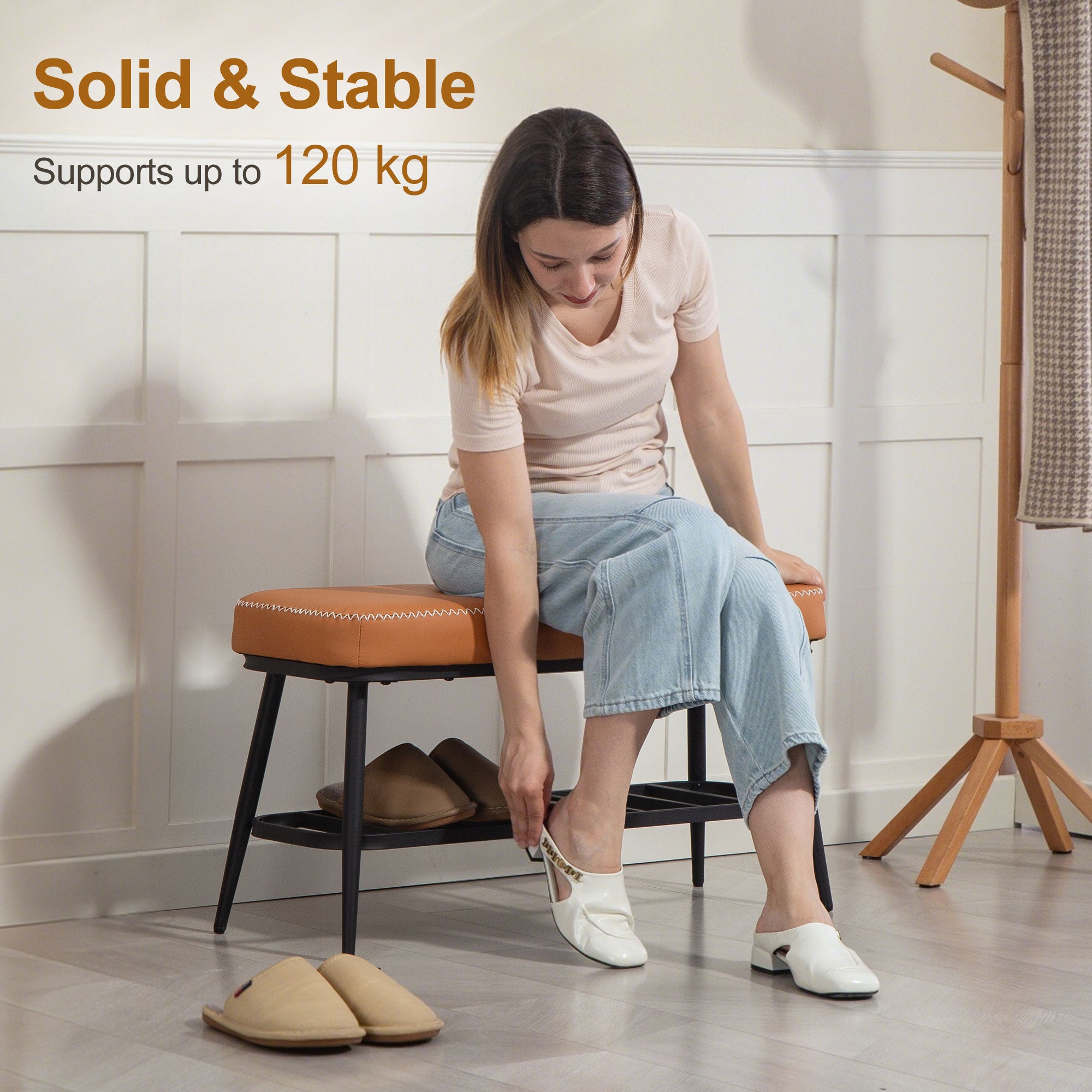 Fynco - PU Leather Shoe Storage Bench - Brown