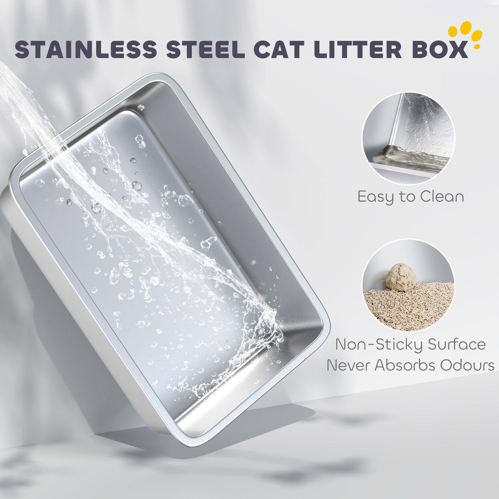 High Sided Stainless Steel Litter Box, Metal Cat Litter Tray with Metal Scoop, Litter Mat, Never Absorbs Odors, Grey