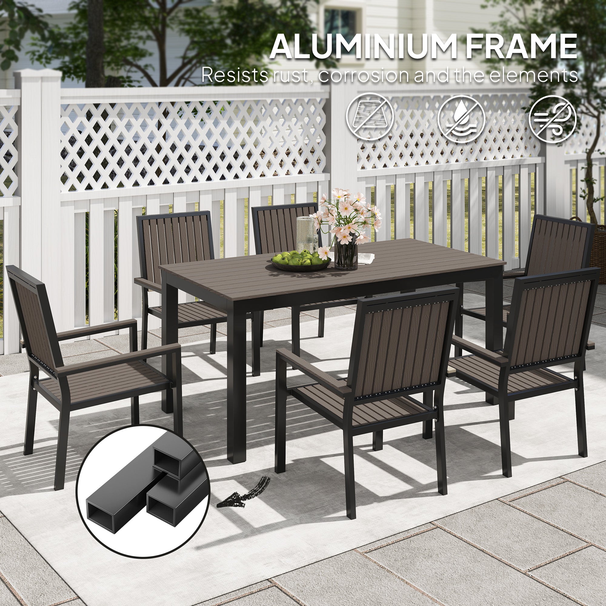 6 Seater Garden Dining Set with Stackable Chairs, Aluminium Frame, Rectangular Plastic Top, Garden Furniture Set, Outdoor Dining Table and Chairs for Patio, Balcony, Poolside, Brown