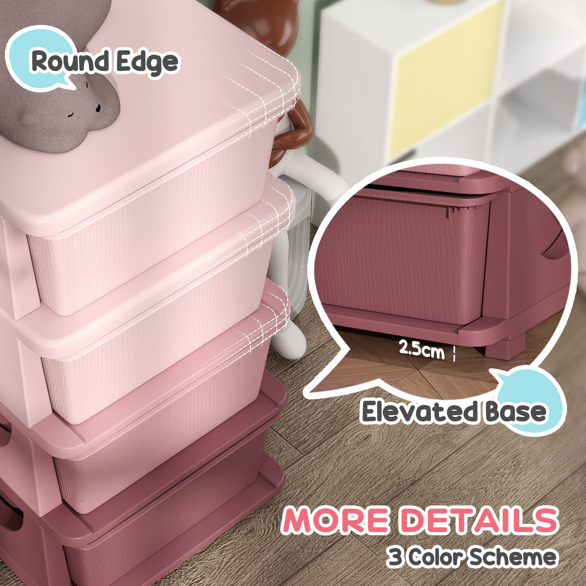 Fynco - Four-Tier Kids Storage Boxes, with Four Drawers, Pink