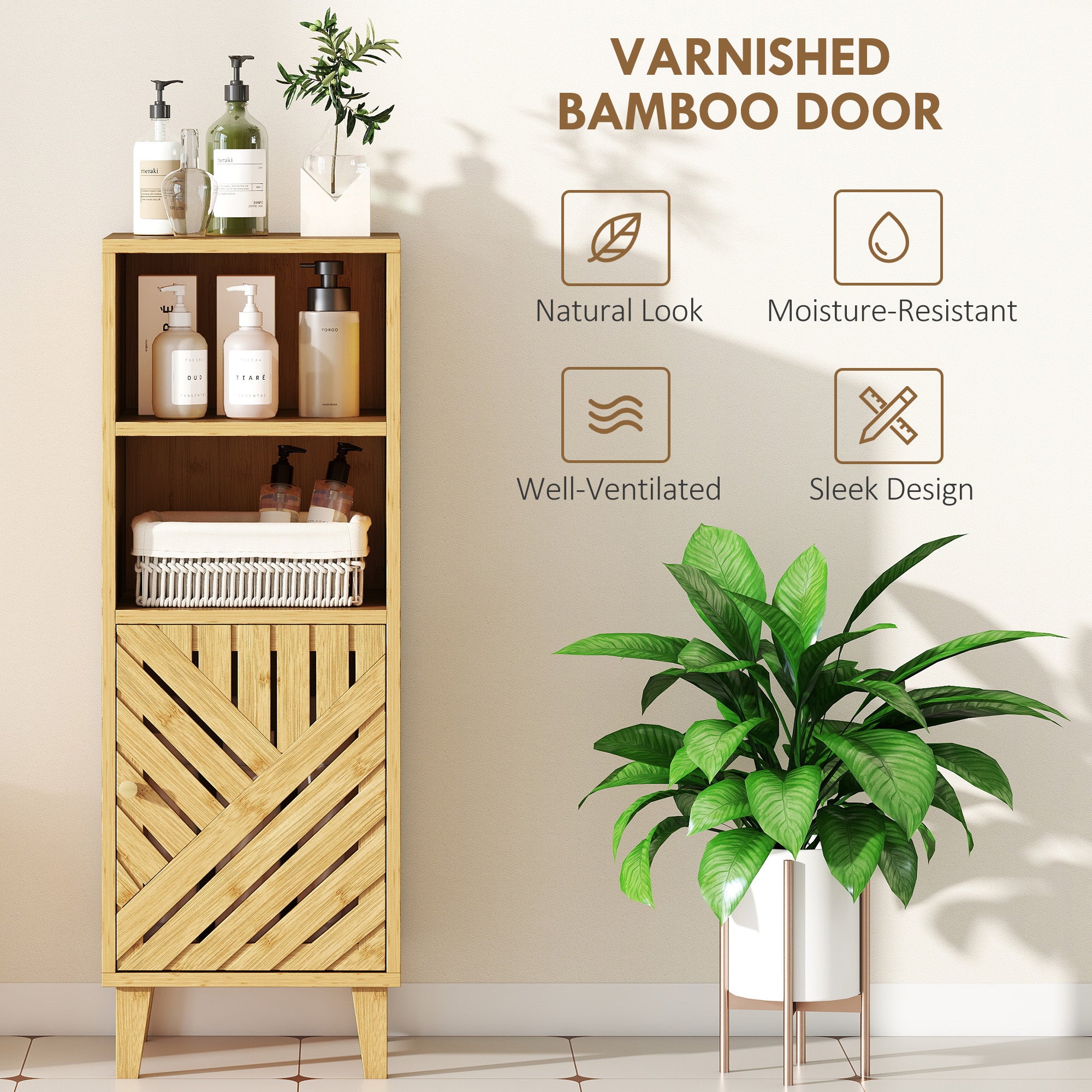 Fynco - Slim Bathroom Cabinet with Bamboo Door and Legs, Narrow Bathroom Storage Cabinet, Freestanding Storage Cupboard with Open Compartments, 32 x 30 x 90 cm, Natural Wood Finish