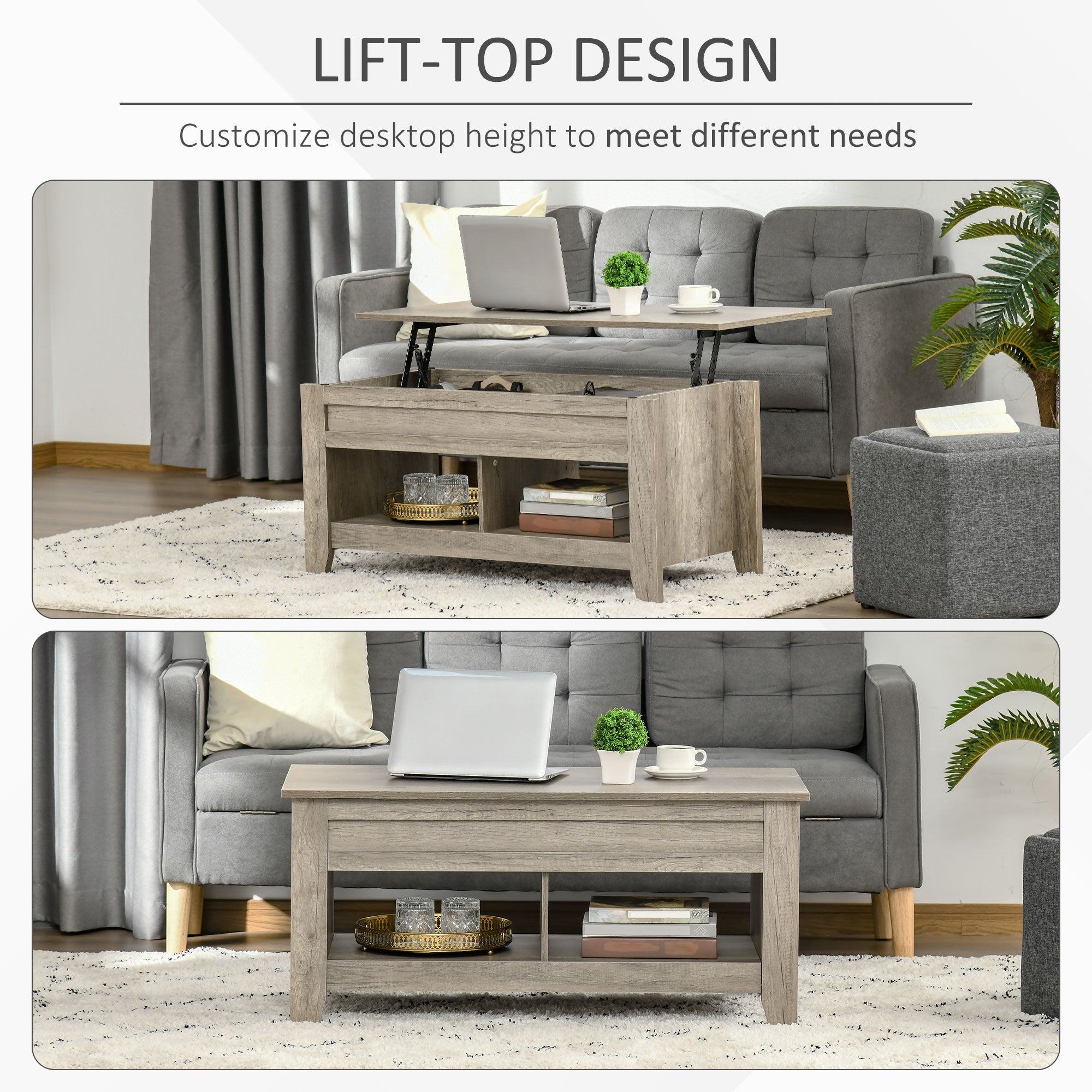Lift Top Coffee Table w/ Hidden Storage Compartment Open Shelves Lift Tabletop Pop Up Centre Table for Living Room Oak Effect
