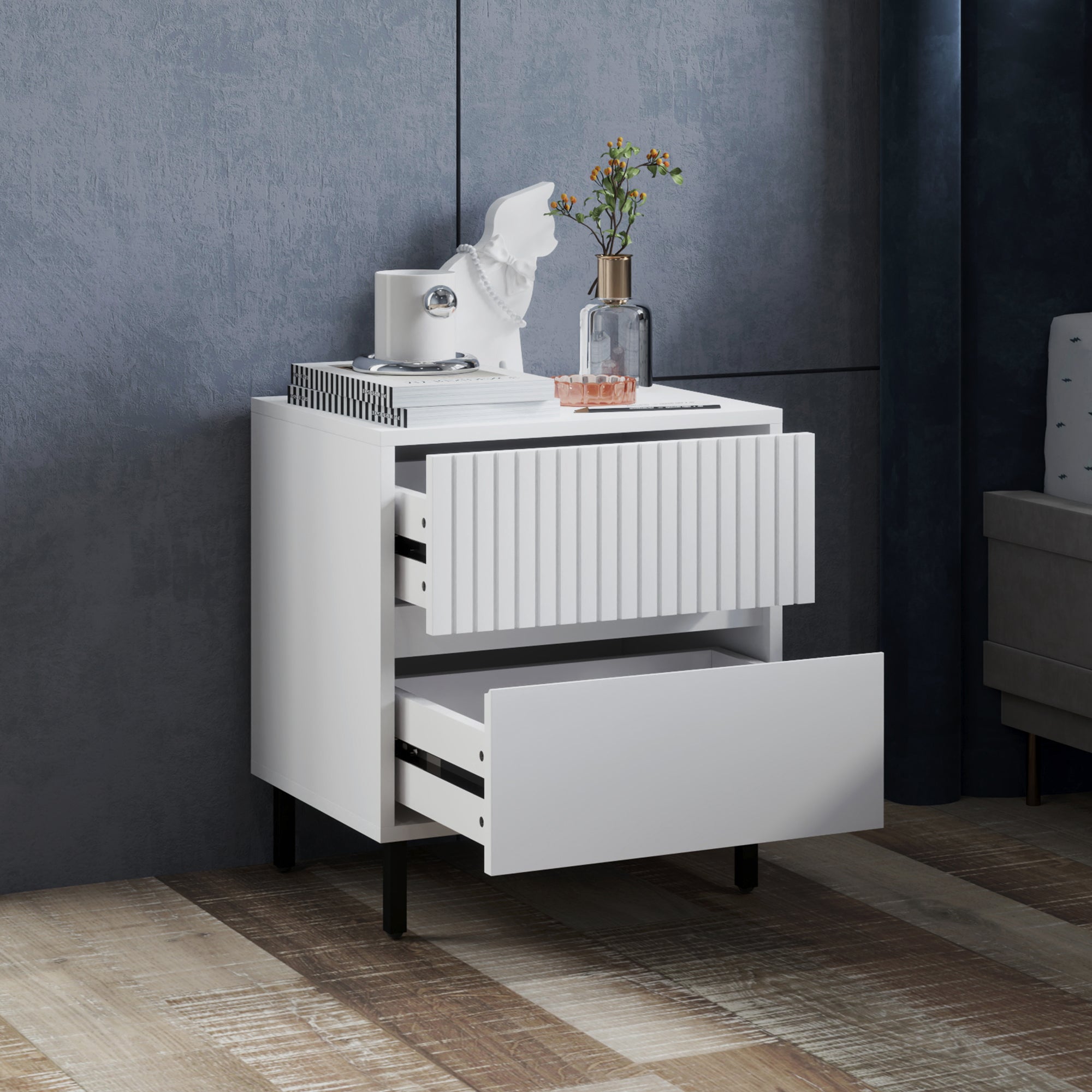 Simple Line Indented Two-Drawer Bedside Table - White