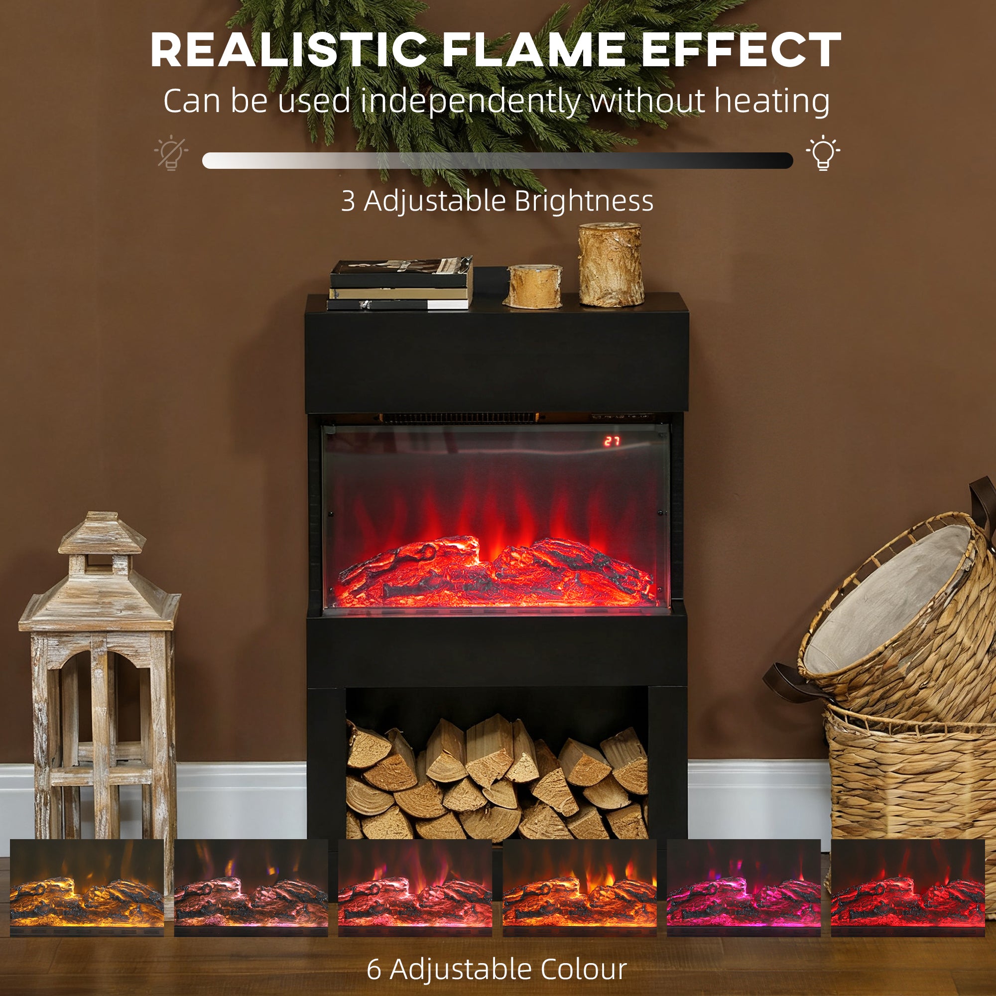 Fynco - Electric Fireplace with 3D Flame Effect, 6 Colours & 3 Brightness Levels, 1000W/2000W Black Electric Fire and Mantel Reach up to 30㎡ Space with Remote & Timer, 3 Sided View for Living Room