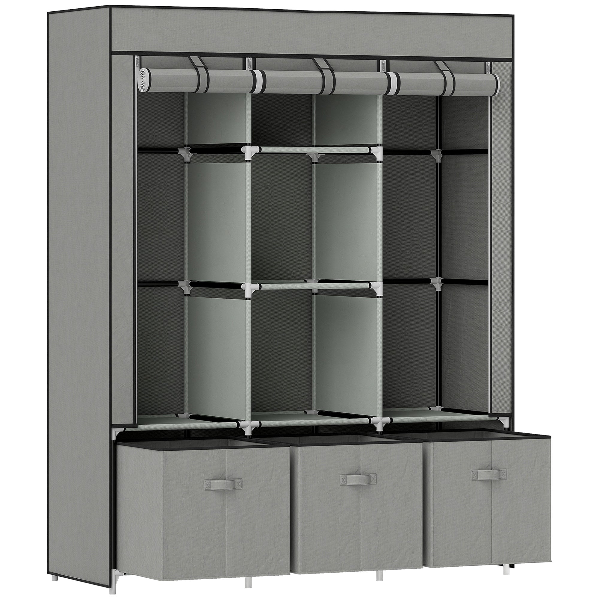 Fabric Wardrobe for Bedroom, Portable Wardrobe with 5 Shelves, 2 Hanging Rails and 3 Fabric Drawers, Foldable Closet, 125 x 43 x 162.5cm, Light Grey