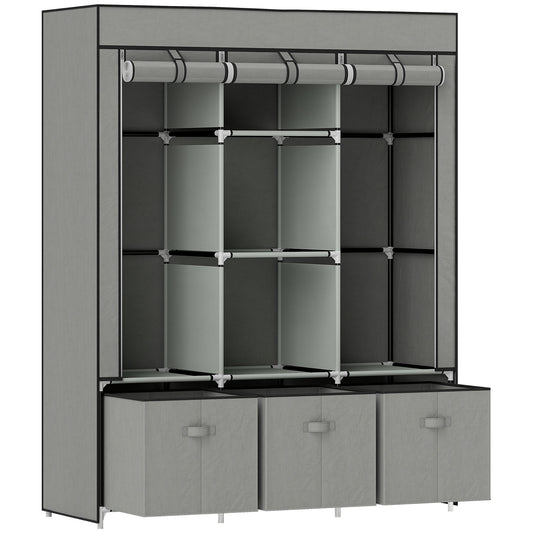 Fabric Wardrobe for Bedroom, Portable Wardrobe with 5 Shelves, 2 Hanging Rails and 3 Fabric Drawers, Foldable Closet, 125 x 43 x 162.5cm, Light Grey