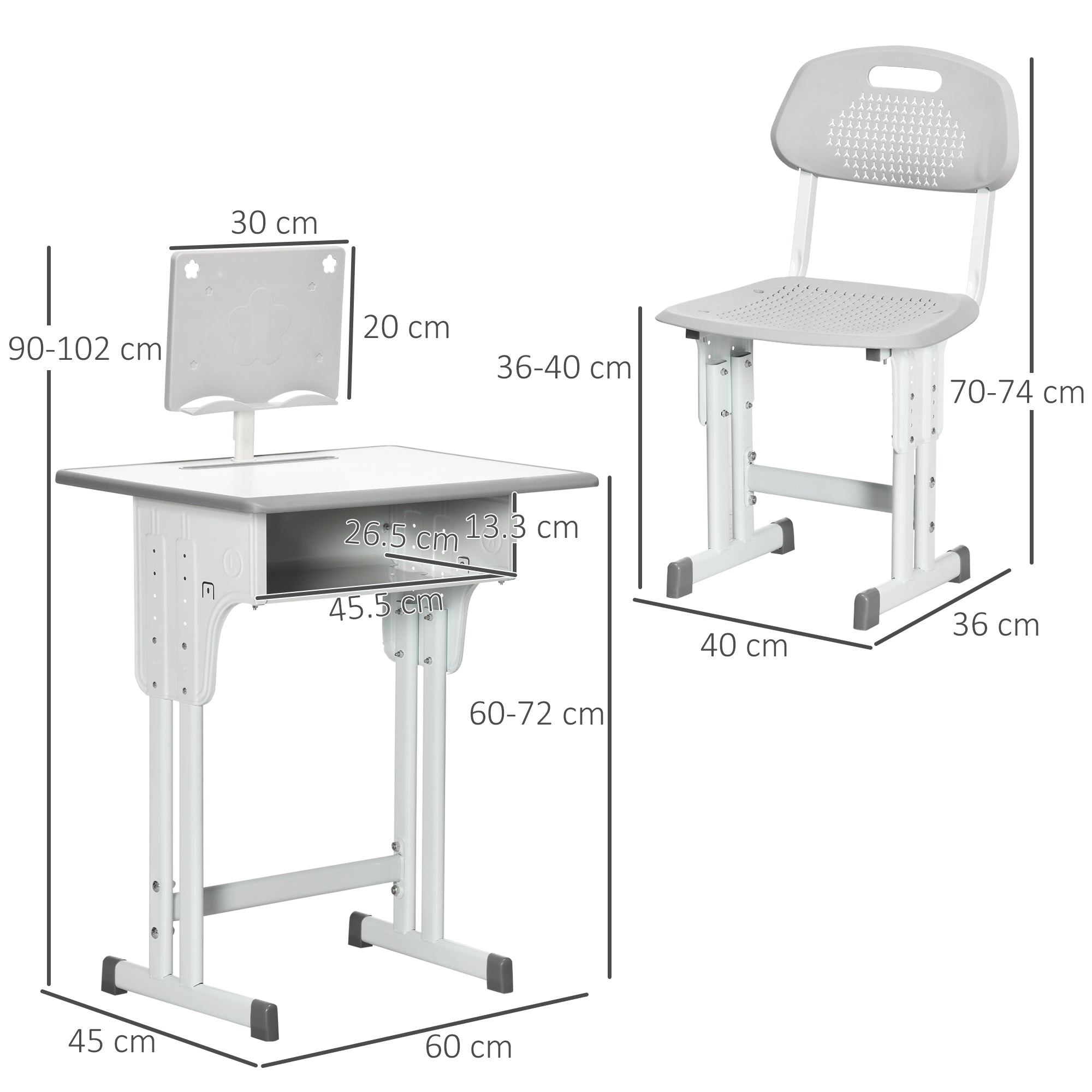 Kids Adjustable Desk and Chair Set, Book Stand, Pen Slot - Grey