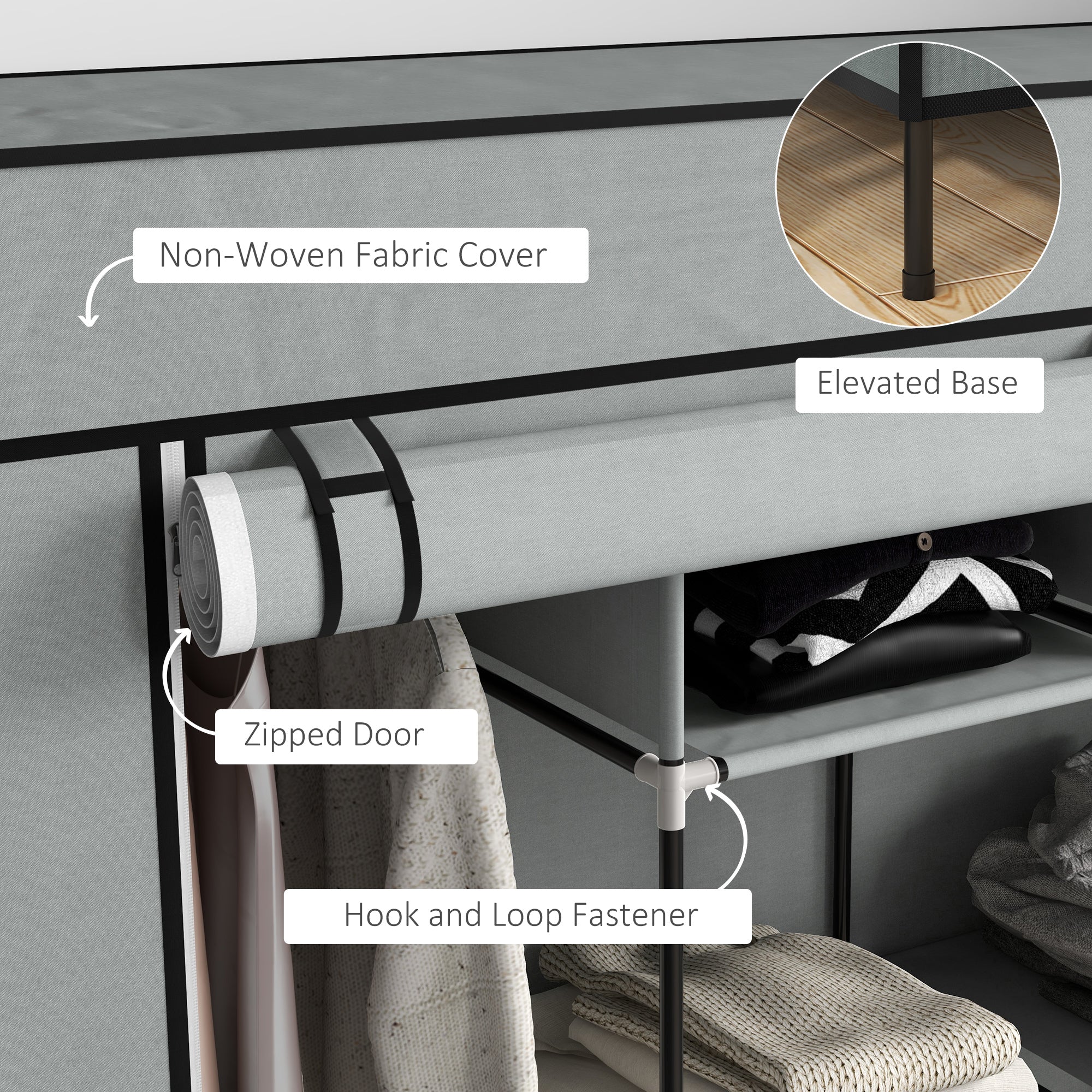 Fabric Wardrobe for Bedroom, Portable Cloth Wardrobe with 10 Compartments, 2 Hanging Rails and 4 Fabric Drawers, 166 x 42.5 x 169.5cm, Dark Grey