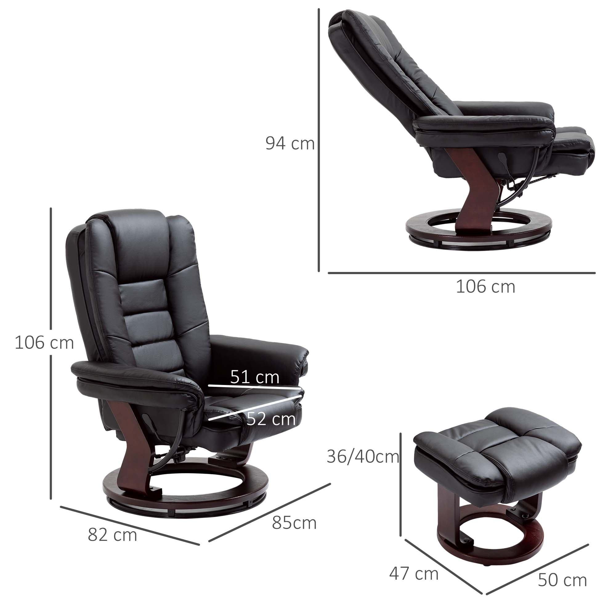 Recliner Chair With footstool, Recliner Armchair up to 130kg Weight Capacity, 135° Reclining Swivel Sofa Chair, PU Leather Ergonomic Couch Bed with Swivel Wood Base for Living Room, Black