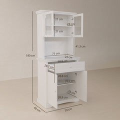 4-Door Kitchen Cupboard with Drawer, Freestanding Kitchen Cabinet with Glass Doors, Adjustable Shelves and Open Counter, White