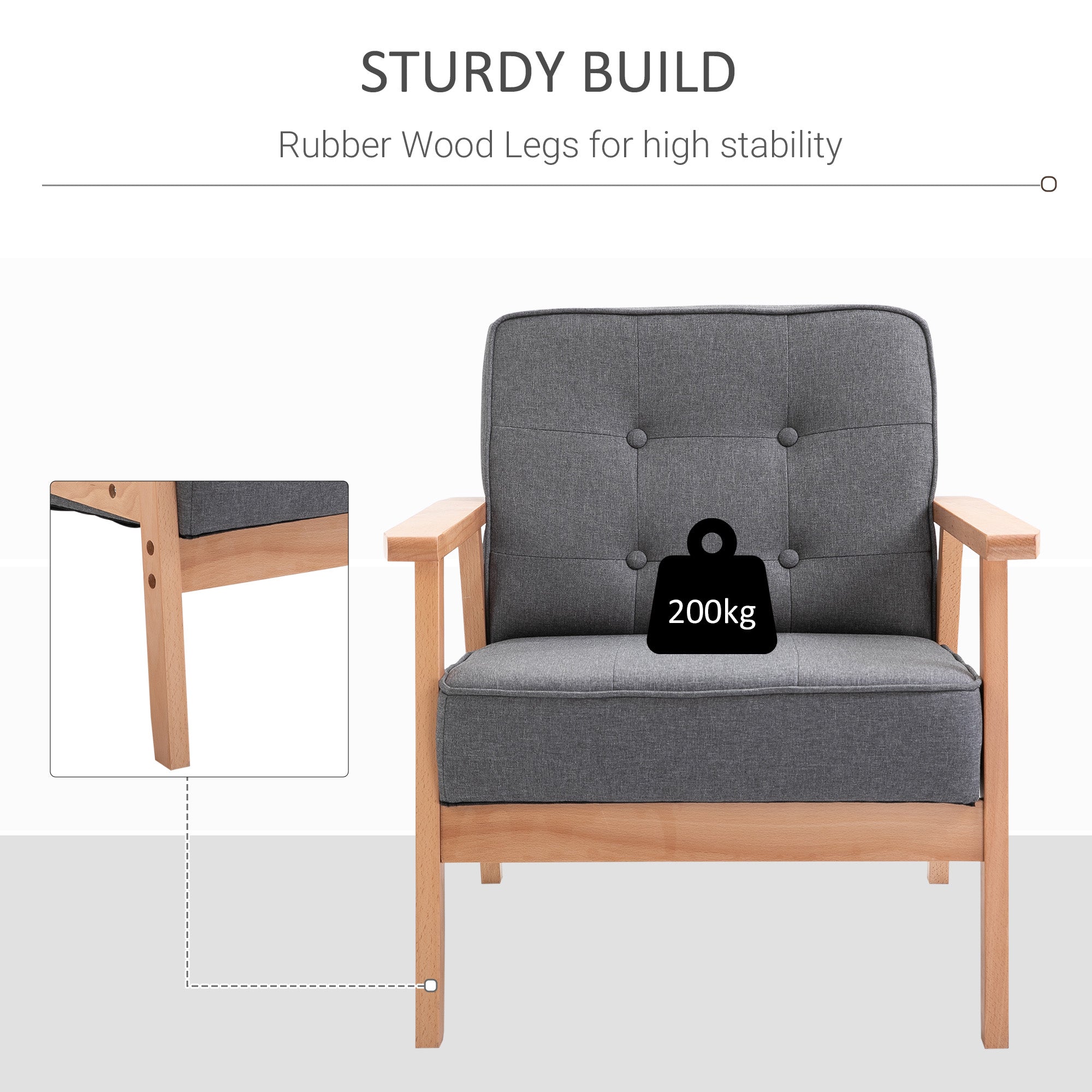 Minimalistic Wooden Frame Accent Chair, with Padded Seat - Dark Grey