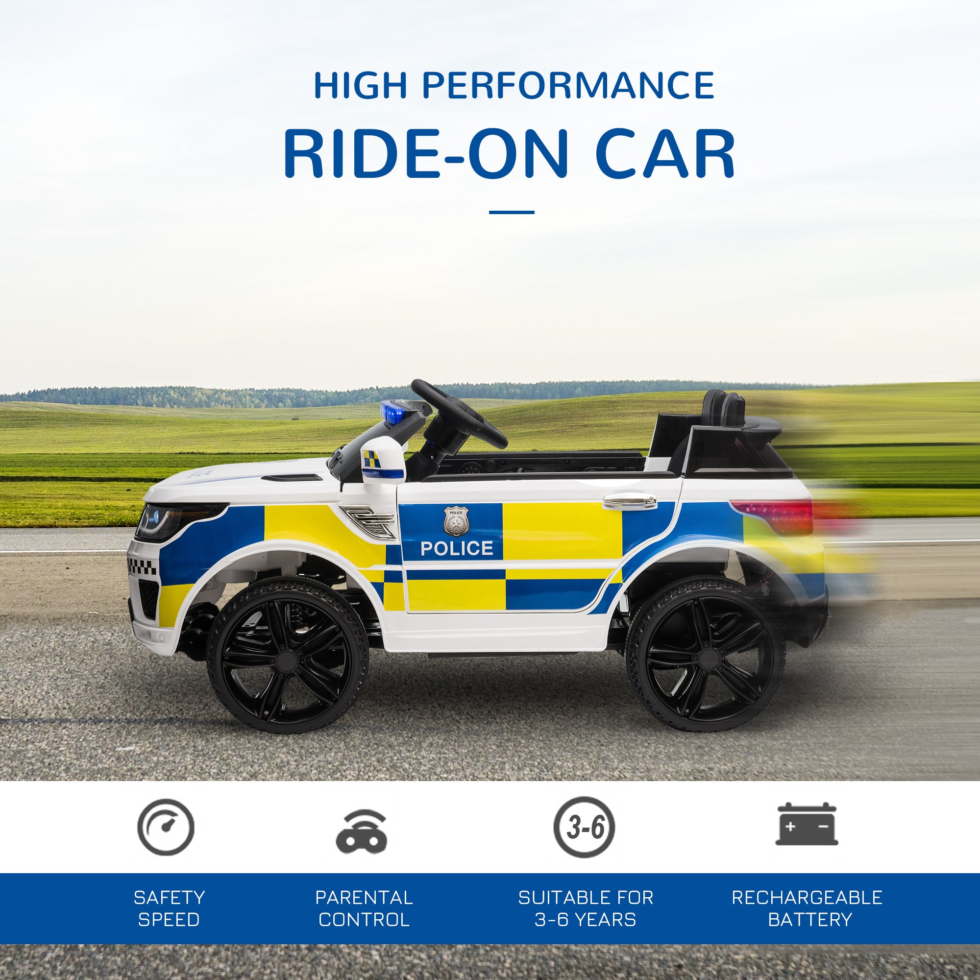 12V Kids Electric Ride On Police Car 2 Motors with Parental Remote Control Siren Flashing Lights USB Portable for 3-6 Years White