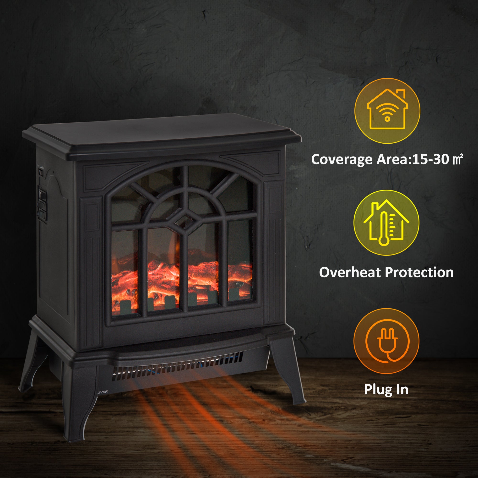 Fynco - 1000W/2000W Freestanding Electrical Fireplace Indoor Heater Stove Log Wood LED Burning Effect Flame with Thermostat Control Black