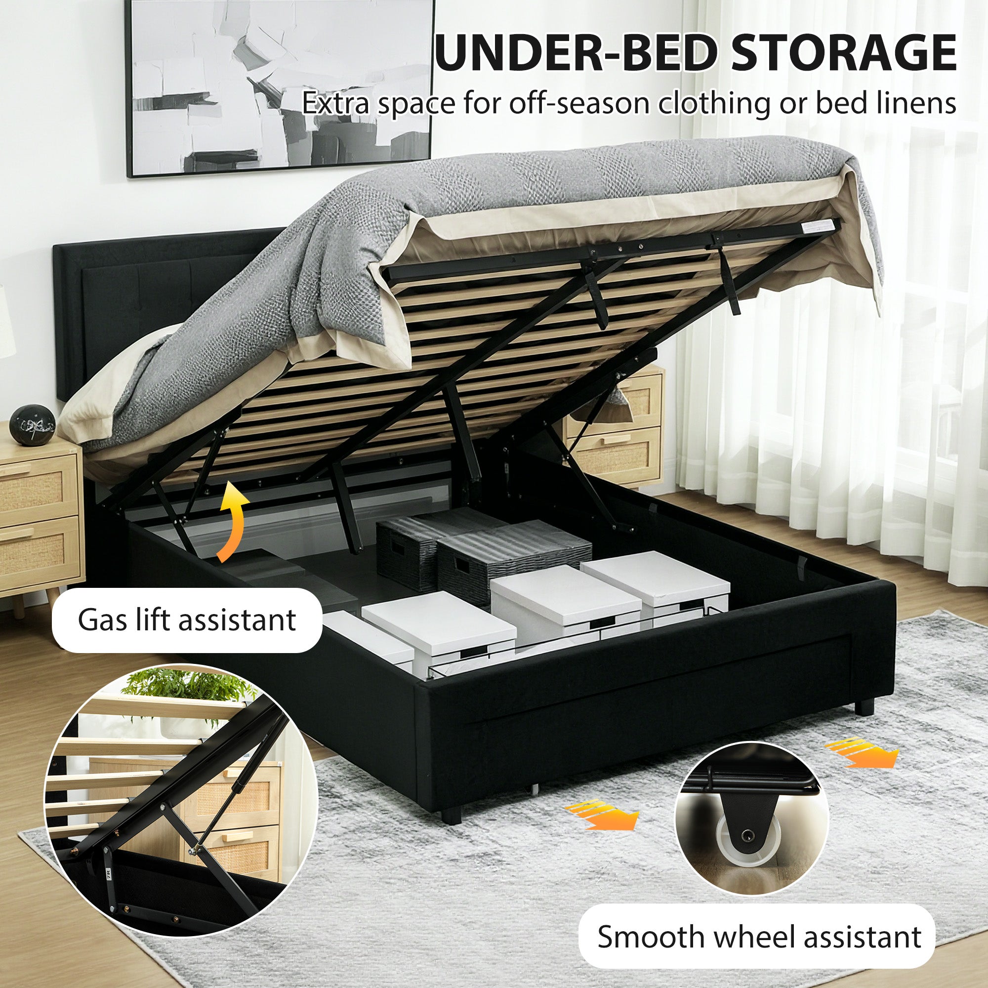 Fynco - Double Ottoman Bed Frame, with Front Drawer - Black