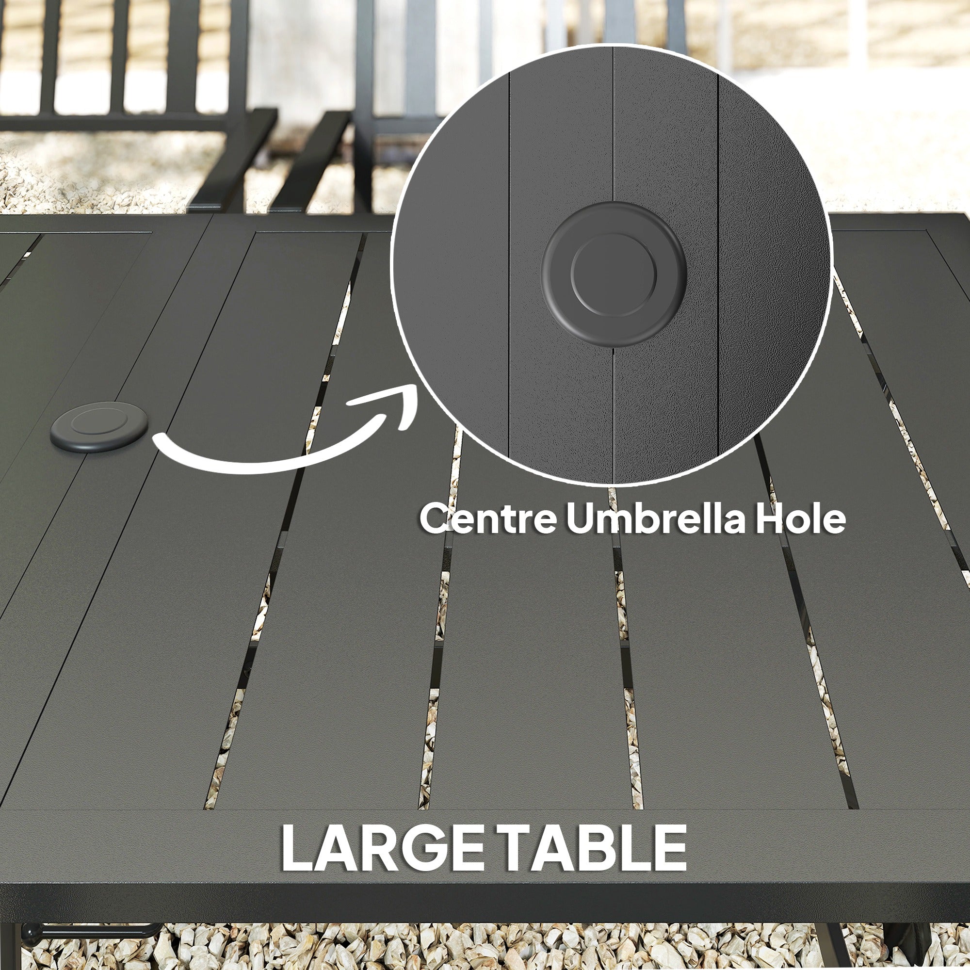 7 Pieces Garden Table and Chairs 6 Seater Outdoor Table and Chairs with Umbrella Hole, for Poolside, Garden, Black