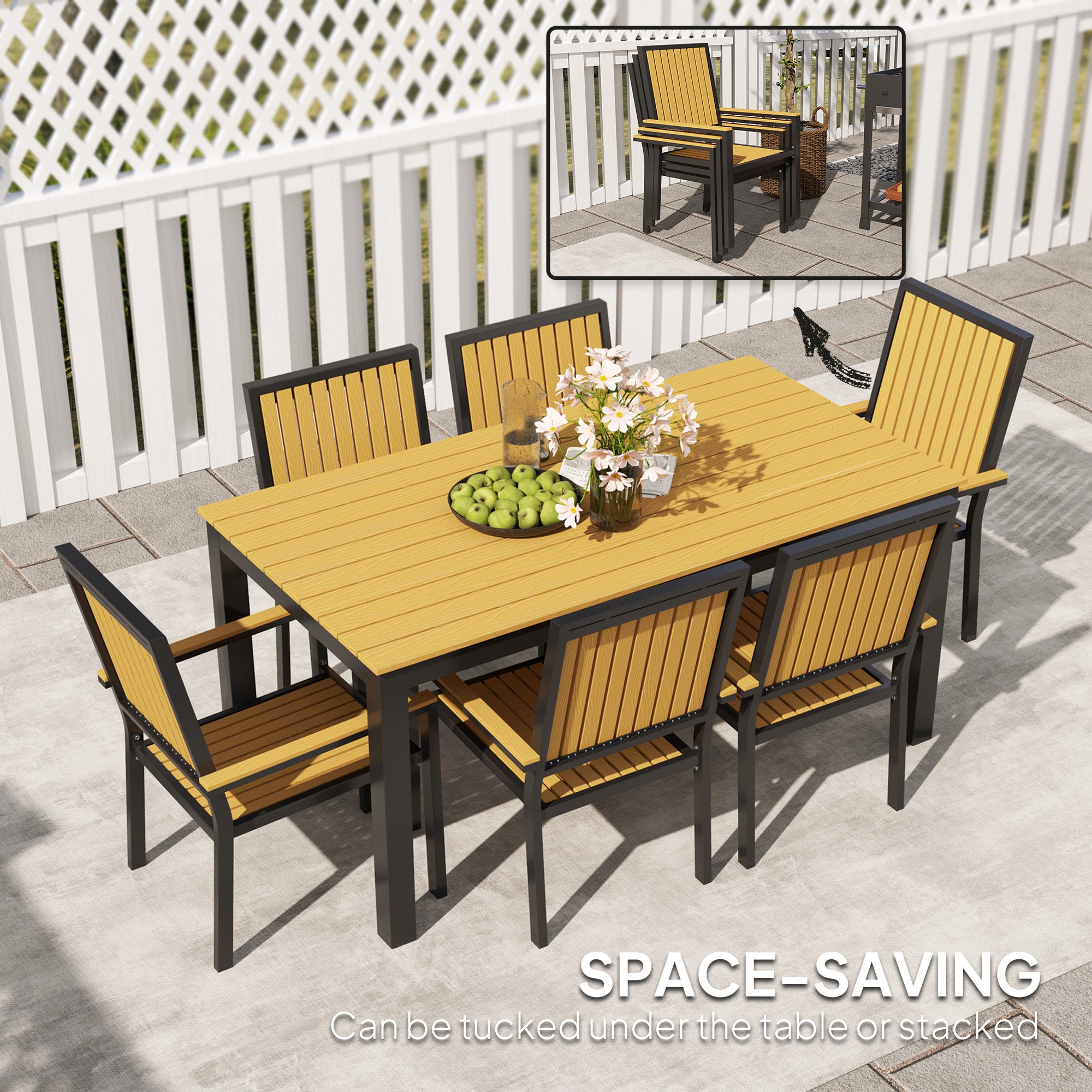 6 Seater Garden Dining Set with Stackable Chairs, Aluminium Frame, Rectangular Plastic Top, Garden Furniture Set, Outdoor Dining Table and Chairs for Patio, Balcony, Poolside, Nature Wood