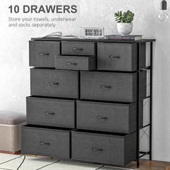 Bedroom Chest of Drawers, 10 Drawer Dresser with Foldable Fabric Drawers and Steel Frame, Black