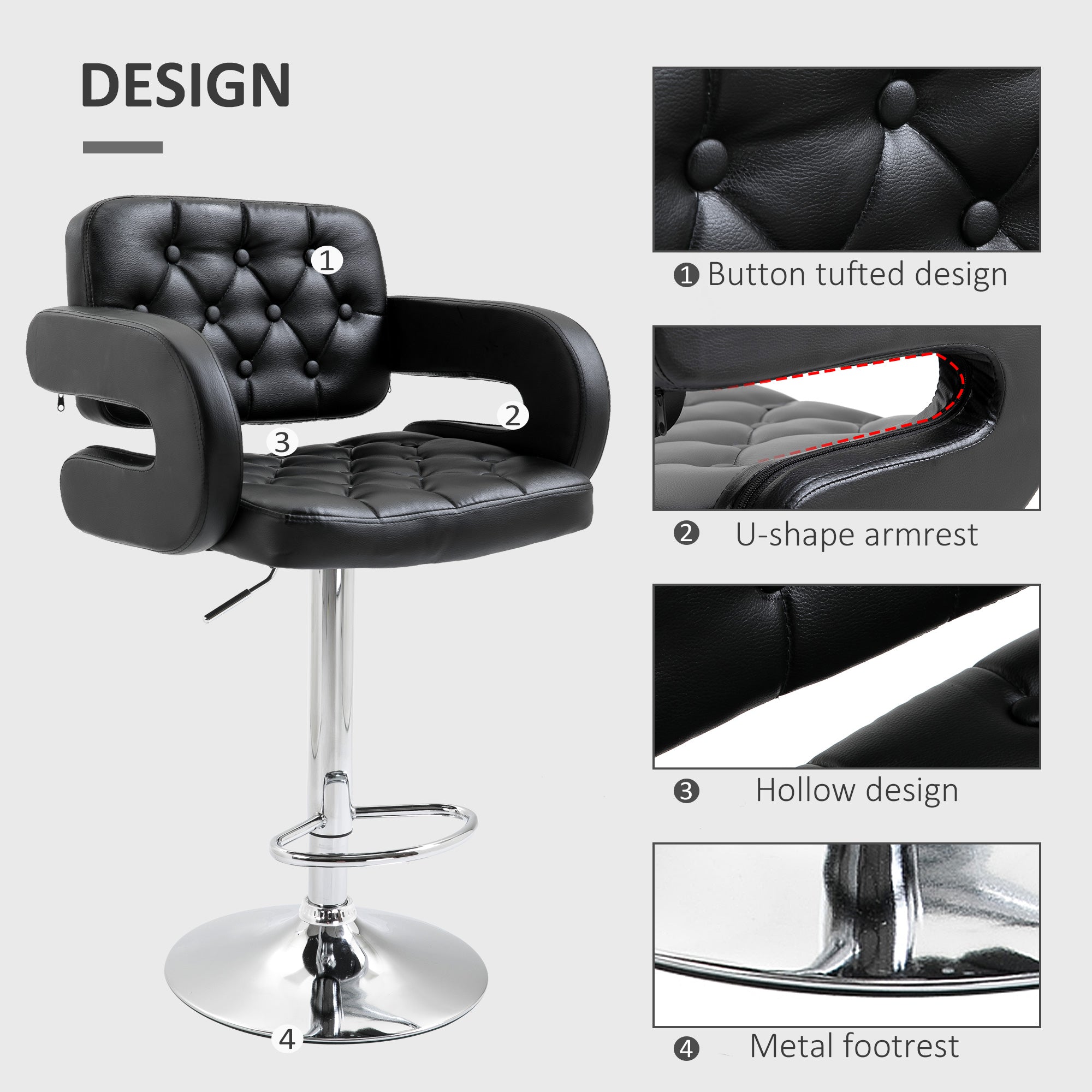 PU Leather Upholstered Swivel Bar Stool, Height Adjustable with Back, Armrest, Footrest, Black