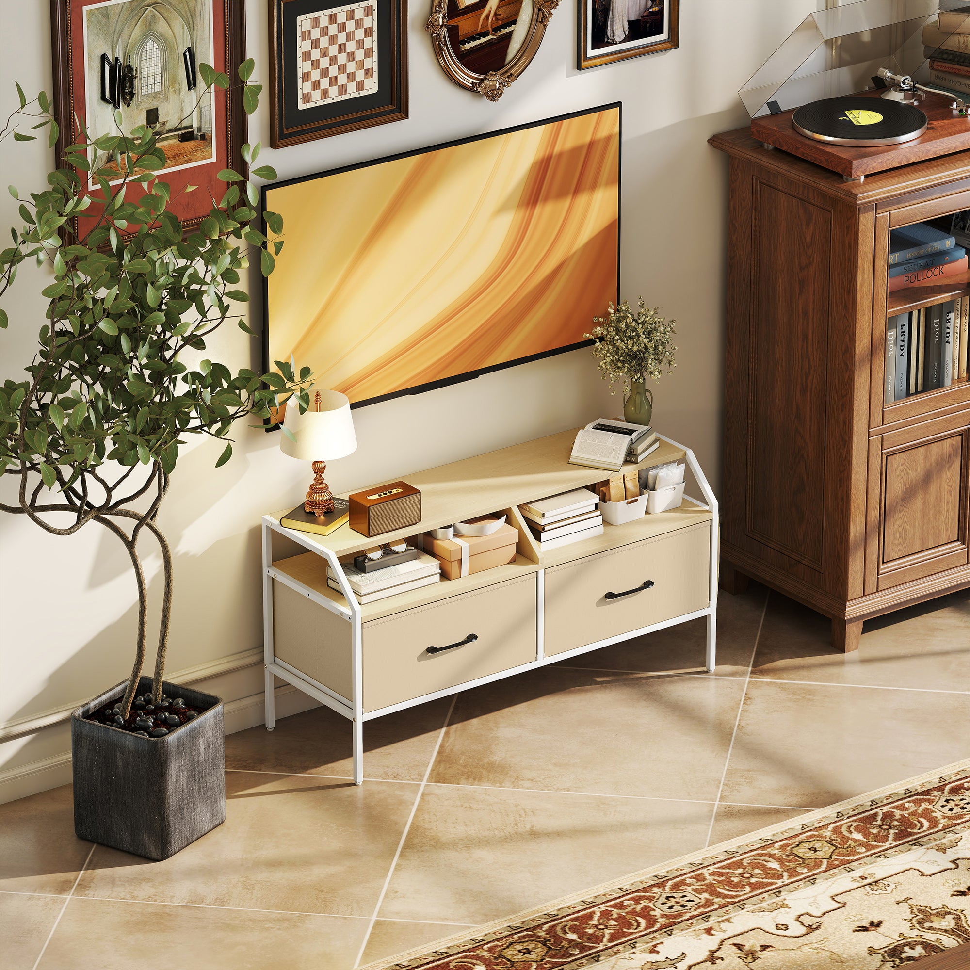 TV Stand Cabinet, TV Unit for 55-inch TVs with 2 Foldable Fabric Drawers, 5 Divided Side Pockets, Open Shelves, Console Table for Living Room, Bedroom, Entertainment Room, Natural Wood Finish