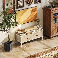 TV Stand Cabinet, TV Unit for 55-inch TVs with 2 Foldable Fabric Drawers, 5 Divided Side Pockets, Open Shelves, Console Table for Living Room, Bedroom, Entertainment Room, Natural Wood Finish