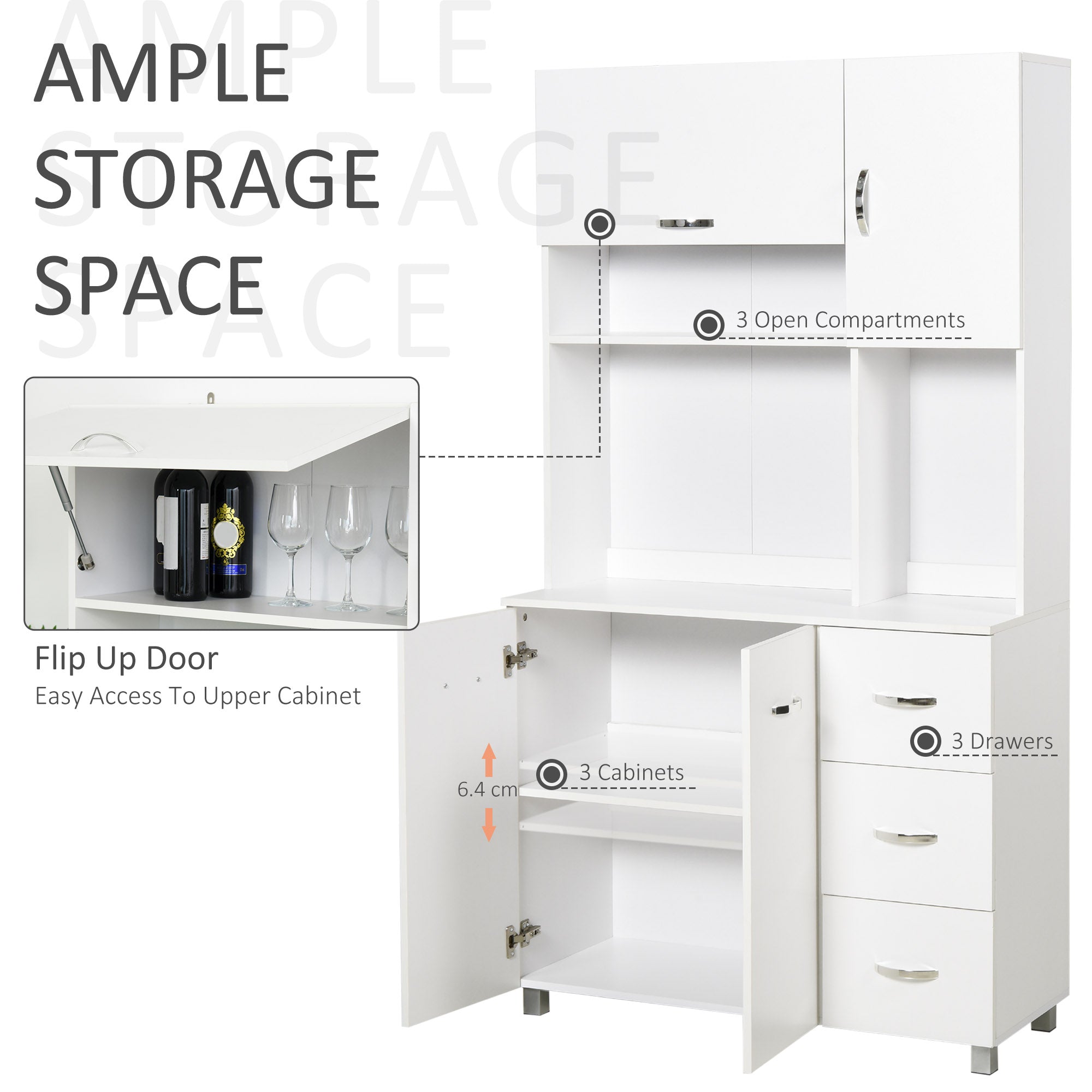 Kitchen Cupboard, 183cm Tall Storage Cabinet with Countertop, Sideboard with 3 Small Drawers, Flip Up Top Door, 3 Cabinet Doors and Open Shelves, 100W x 39.5D x 183.5H cm, White