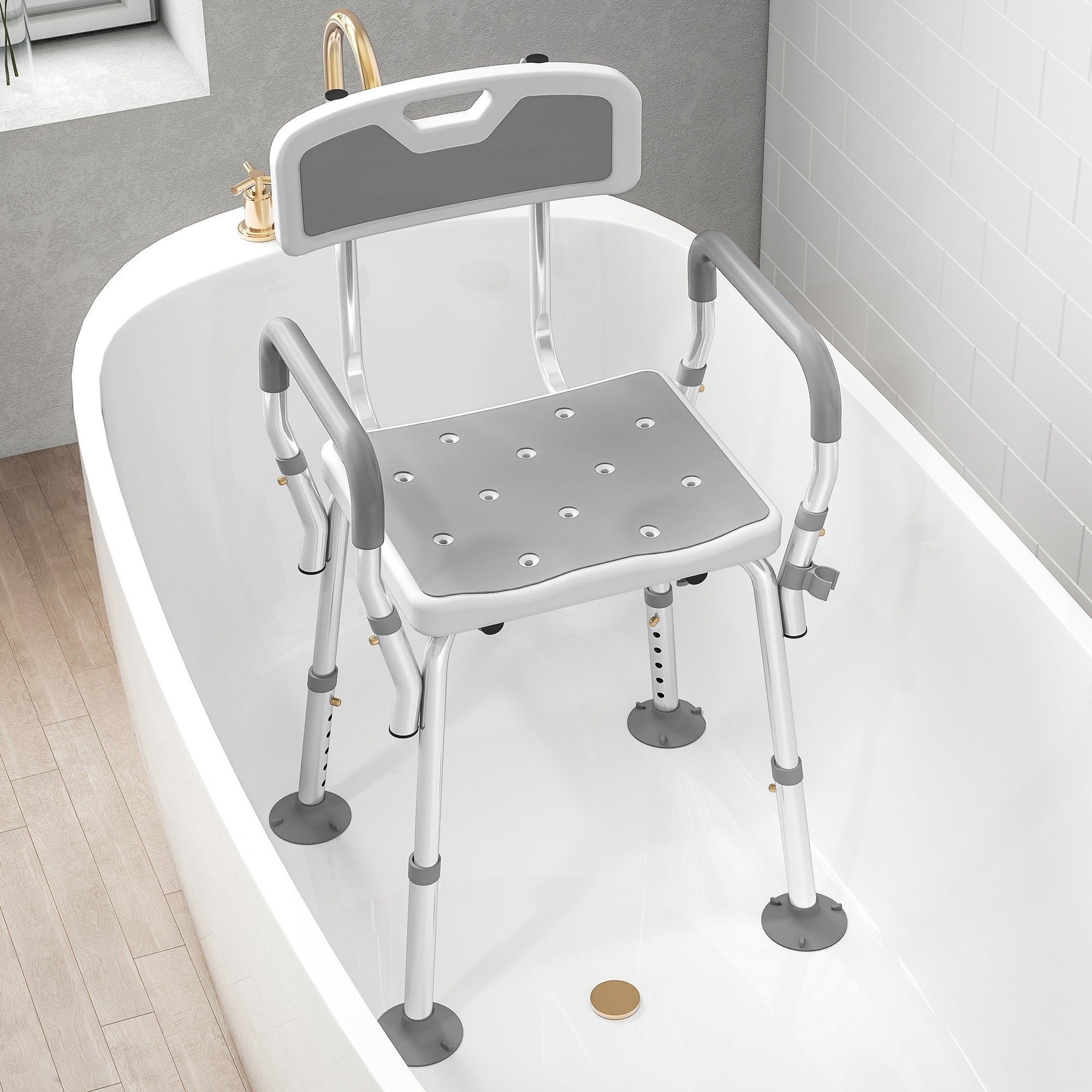 Fynco - EVA Padded Shower Chair for the Elderly and Disabled, Height Adjustable Shower Stool with Back and Arms, 4 Suction Foot Pads, Light Grey
