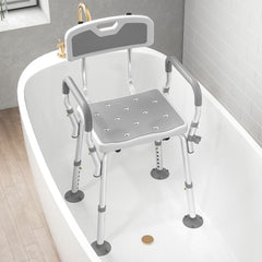Fynco - EVA Padded Shower Chair for the Elderly and Disabled, Height Adjustable Shower Stool with Back and Arms, 4 Suction Foot Pads, Light Grey