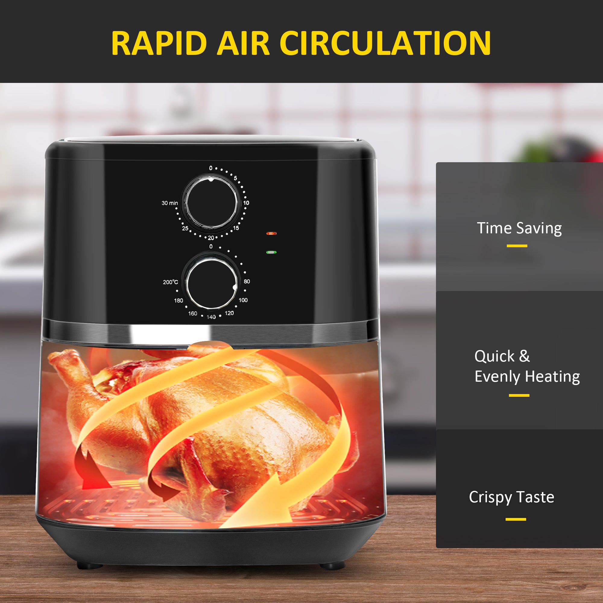 4.5L Air Fryer, 1500W Air Fryer Oven with Rapid Air Circulation, Adjustable Temperature, Timer and Nonstick Basket for Oil Less or Low Fat Cooking, Black