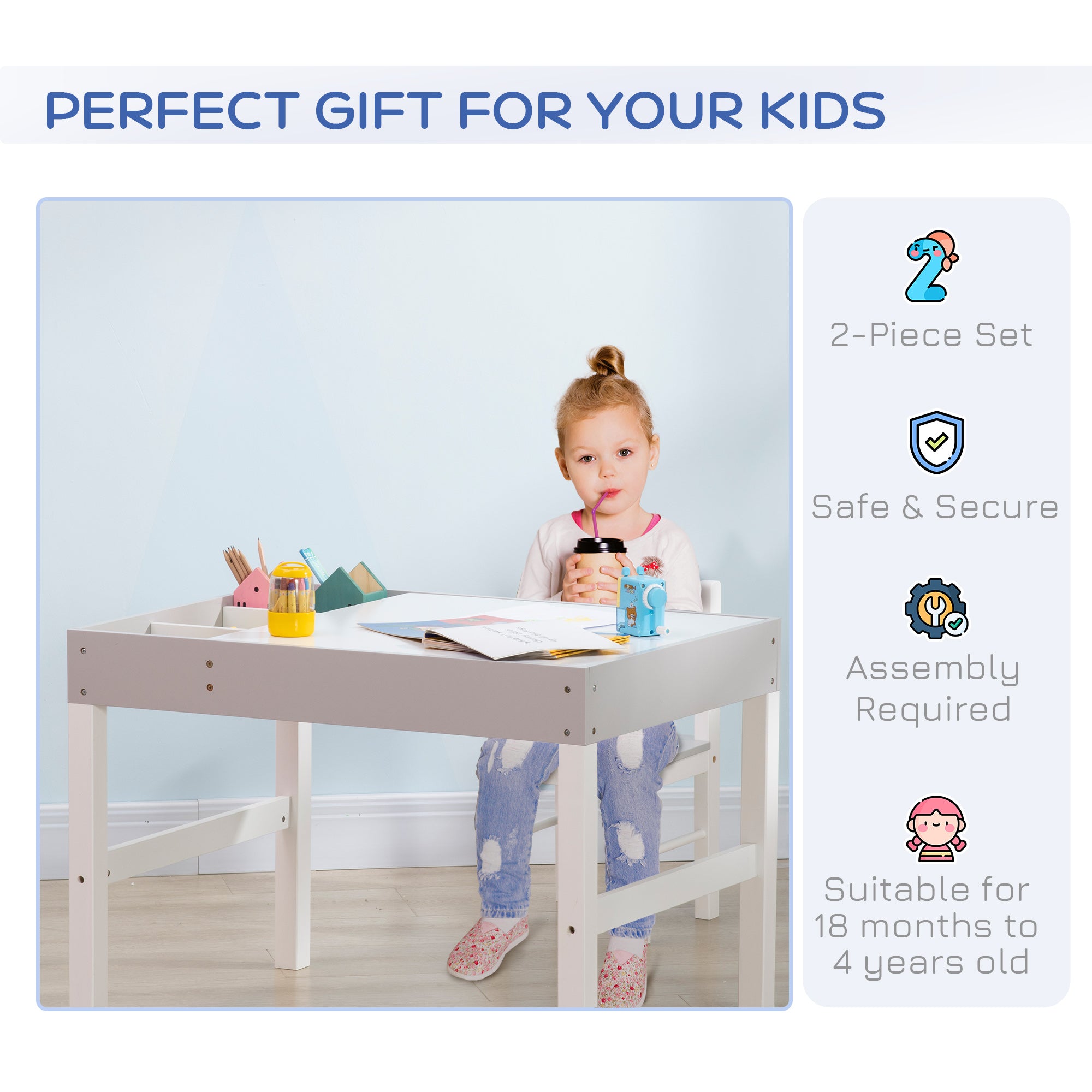 Kids Table and Chair Set, with Storage Space - Grey