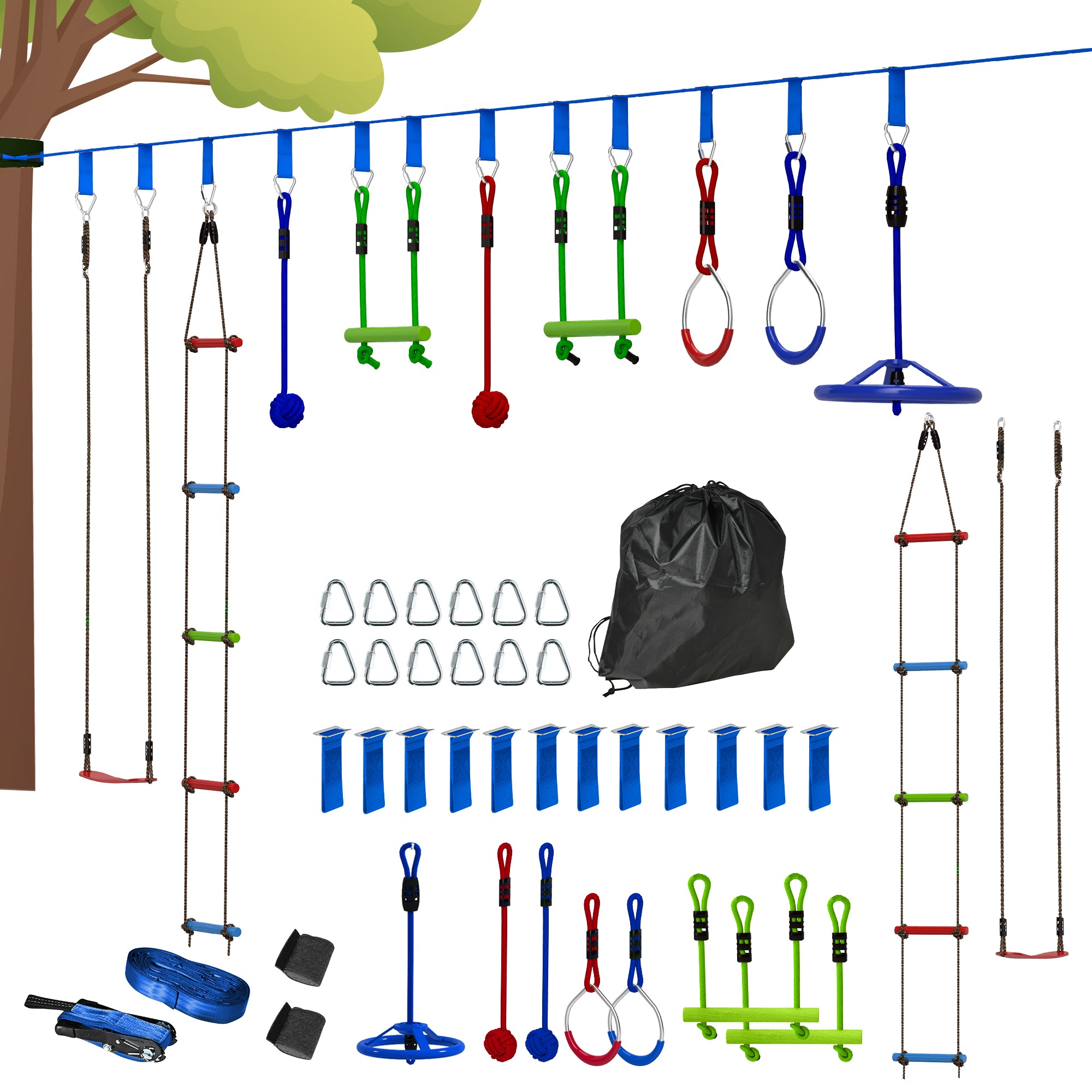 AIYAPLAY 10-Piece Zip Line Kit for Kids with 10m Slackline, Monkey Bars, Swing, Climbing Ladder, Hanging Tray, Metal Rings