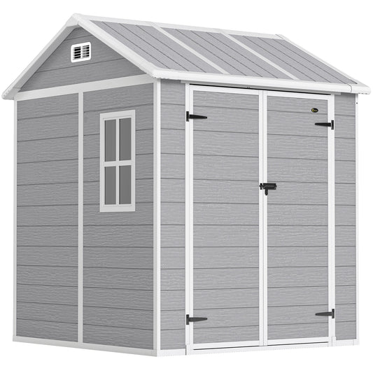Fynco - 6 x 6ft Garden Shed with Floor, Window, Lockable Doors and Vents, Wood Effect Resin Tool Shed for Outdoor Patio, Grey