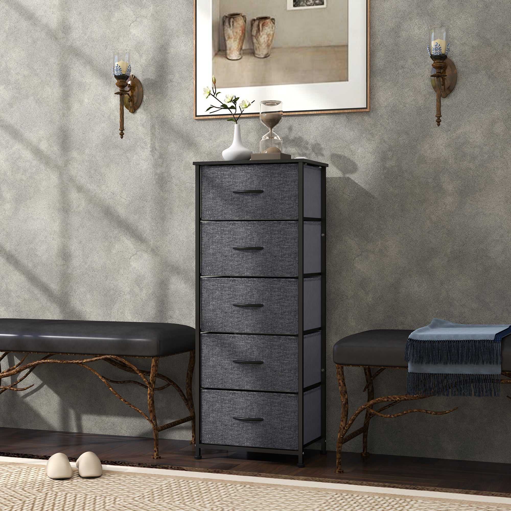 Fabric Chest of Drawers, Industrial Bedroom Dresser with 5 Fabric Drawers, Steel Frame and Wooden Top for Nursery, Living Room, Hallway, Dark Grey