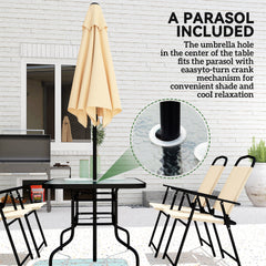 8 Pieces Garden Dining Set with Umbrella, Patio Sets with Parasol with 6 Foldable Chairs, Glass Top Table, and Sun Parasol, Beige