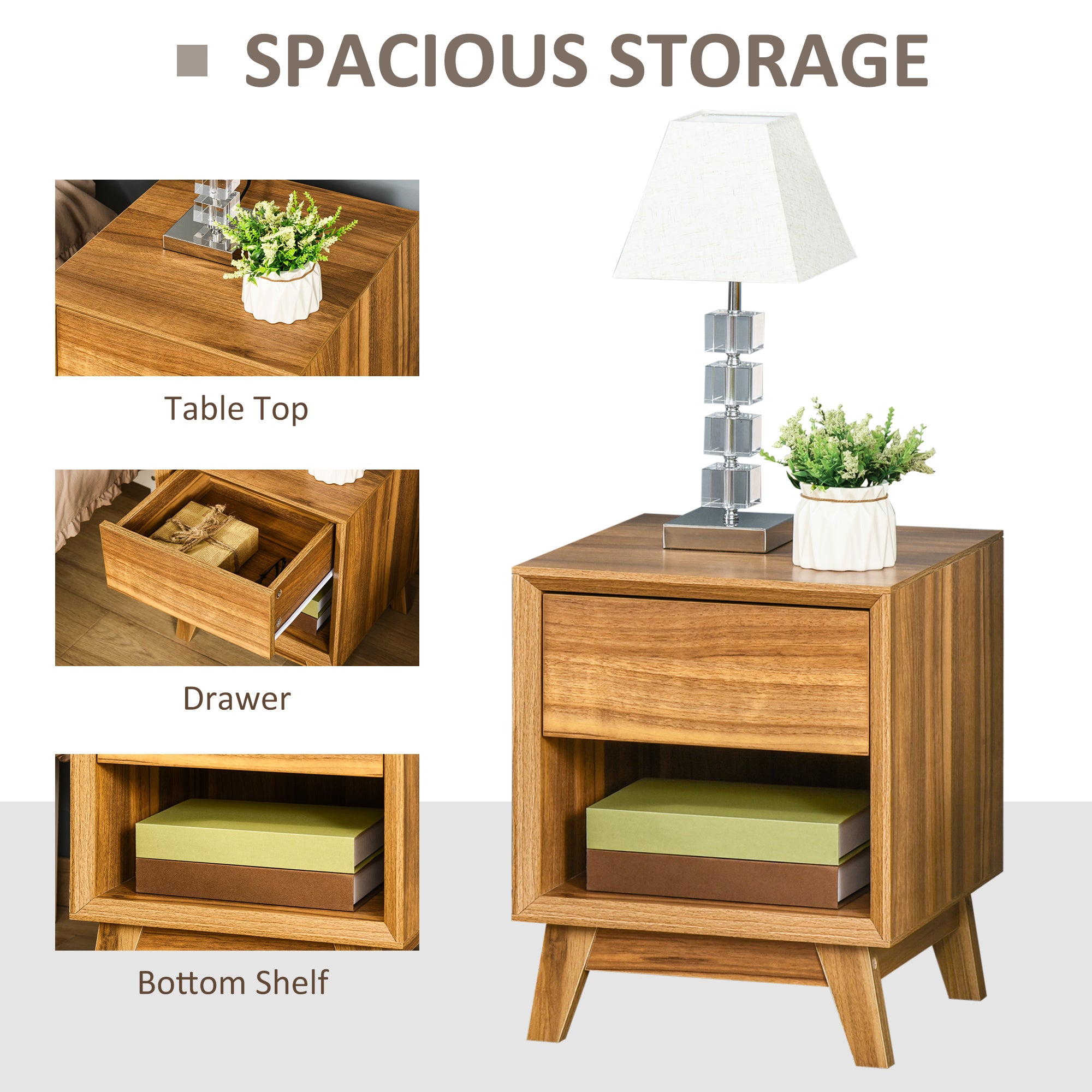 Modern Bedside Table Nightstand, Living Room End Table, Side Table with Drawer and Shelf, Set of 2, Walnut Brown