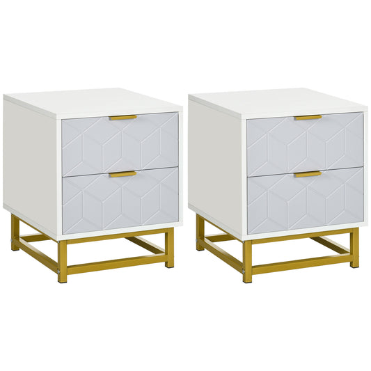 Bedside Table with 2 Drawers, Side Table, Bedside Cabinet with Steel Frame for Living Room, Bedroom, Set of 2, Grey and White