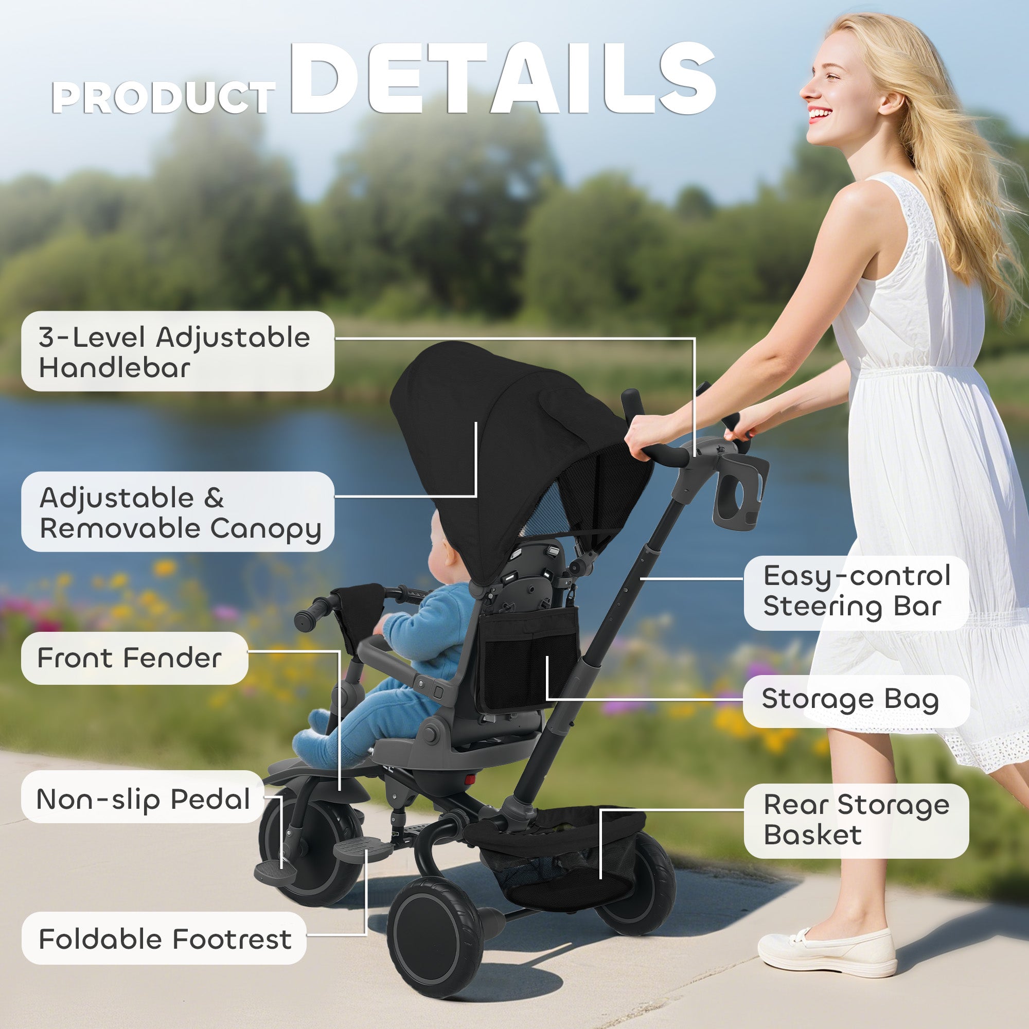 AIYAPLAY 6 in 1 Foldable Kids Trike with Adjustable Parent Handle & Canopy for Ages 1-5, Black