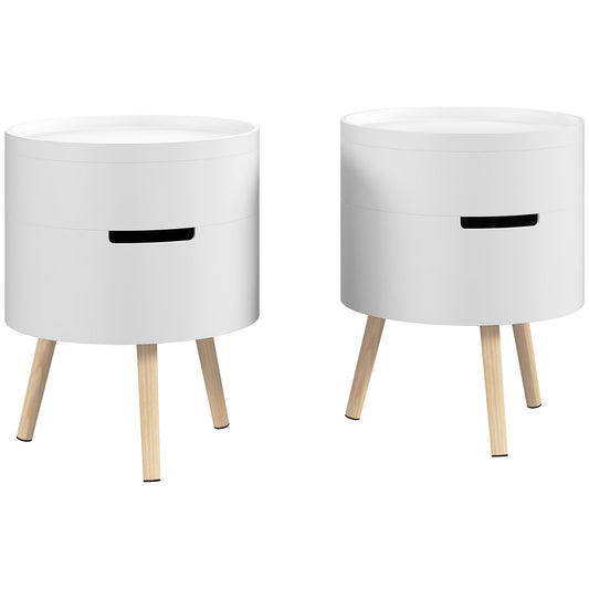 3-Tier Coffee Table, Round End Table with 2 Hidden Compartments and Detachable Tray, Side Table with Storage for Living Room, Set of 2, White