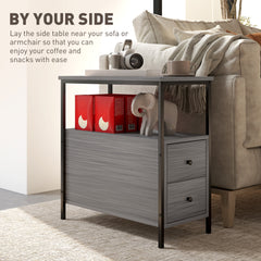 Side Table, Narrow Bedside Table with 2 Drawers and Storage Shelf, Industrial End Table with Metal Frame for Small Spaces, Grey Wood Grain