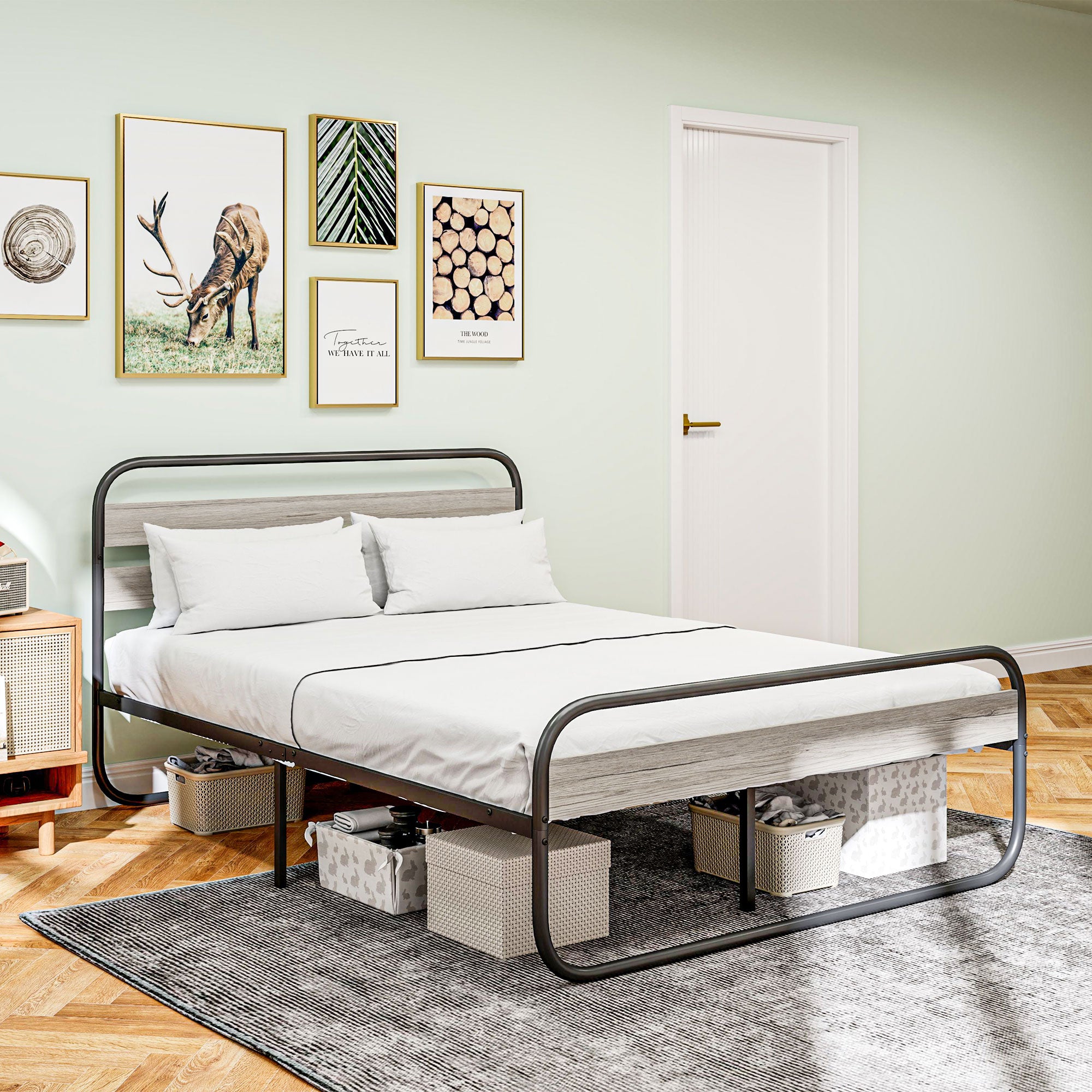 4ft6 Double Bed Frame, Industrial Style Metal Platform Bed Frame with Under Bed Storage, No Box Spring Needed, Easy Assembly, Grey