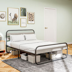 4ft6 Double Bed Frame, Industrial Style Metal Platform Bed Frame with Under Bed Storage, No Box Spring Needed, Easy Assembly, Grey