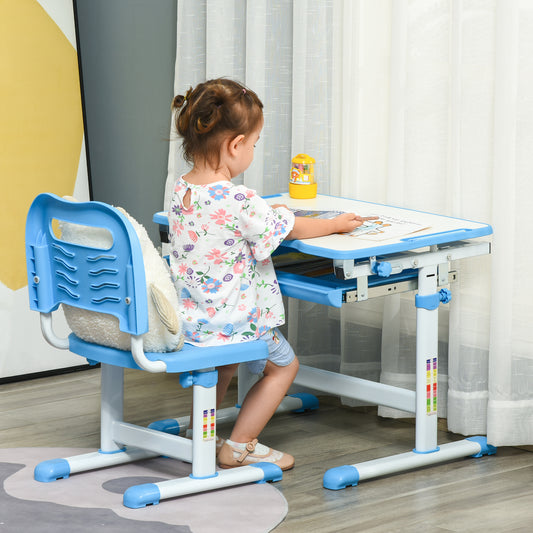 Kids Desk and Chair Set, Height Adjustable Student Writing Desk, Children School Study Table with Tiltable Desktop, Drawer, Pen Slot, Hook - Blue