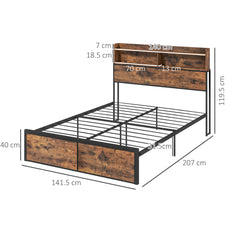 Industrial Double Bed Frame, 4.6FT Steel Bed Base with Storage Headboard, Footboard, Slatted Support and Under Bed Storage, 141 x 207cm, Rustic Brown
