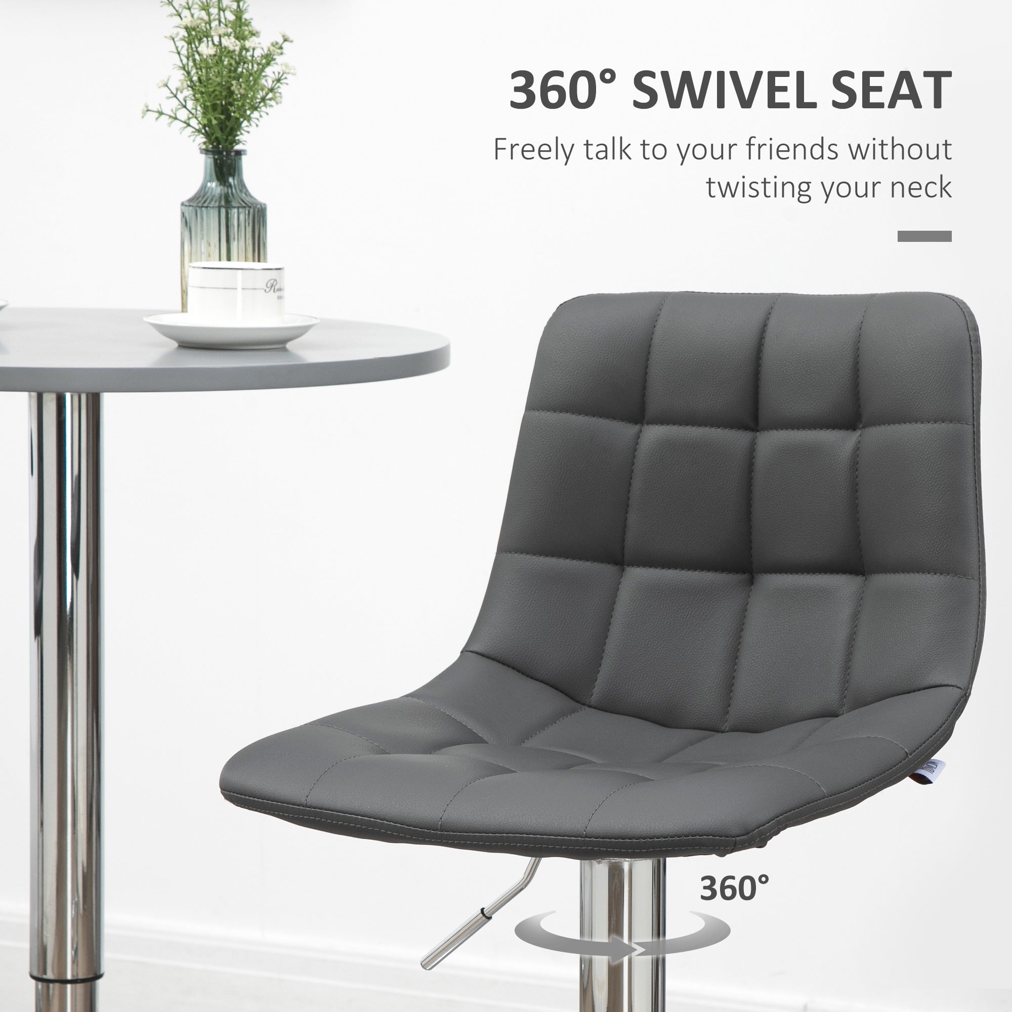 Adjustable Bar Stools Set of 2, Swivel PU Leather Upholstered Barstools with Tufted Seat and Back, Breakfast Bar Chairs for Kitchen Counter, Grey