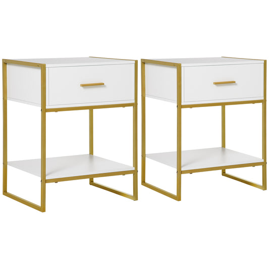 Bedside Table Set of 2, Modern Side Tables with Drawer and Shelf, Nightstands for Bedroom, White