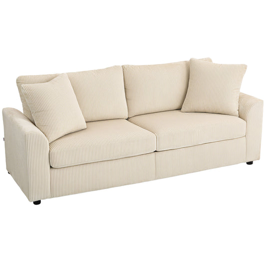 Modern 3 Seater Sofa with Spring Cushion, 212 cm Fabric Jumbo Cord Sofa Couch with 2 Scatter Cushions, Upholstered Corduroy Settee for Living Room, Bedroom, Home Office, Cream White