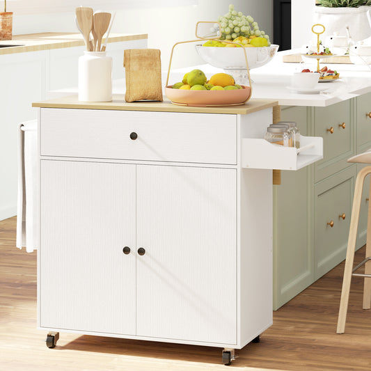 Fynco - Rolling Kitchen Island with Drop Leaf, Kitchen Storage Cart with Drawer, Spice Rack and Towel Rack, White