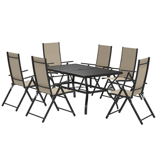 Seven-Piece Steel Outdoor Dining Set, with Parasol Hole - Khaki